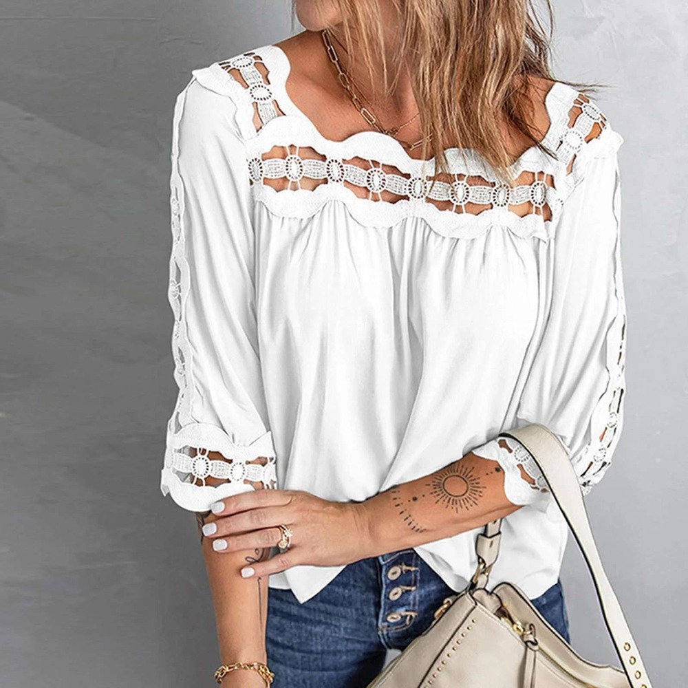 Women 3/4 Sleeve Lace Crochet Tops Blouse Flowy Square Collar Solid Size L